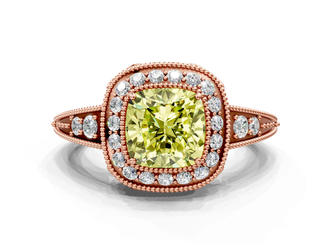 Rose gold Fancy Yellow Cushion  Halo Diamond Split Shank Ring with Milgrain Detail_49