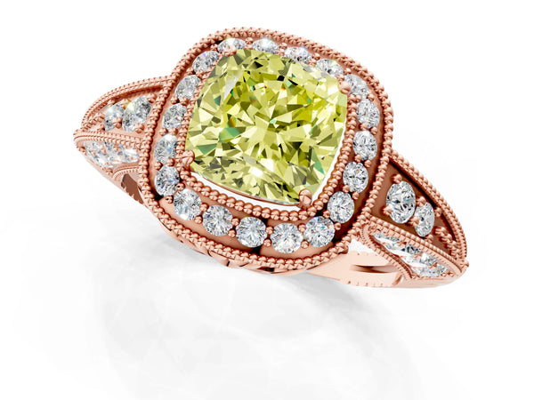 Rose gold Fancy Yellow Cushion  Halo Diamond Split Shank Ring with Milgrain Detail