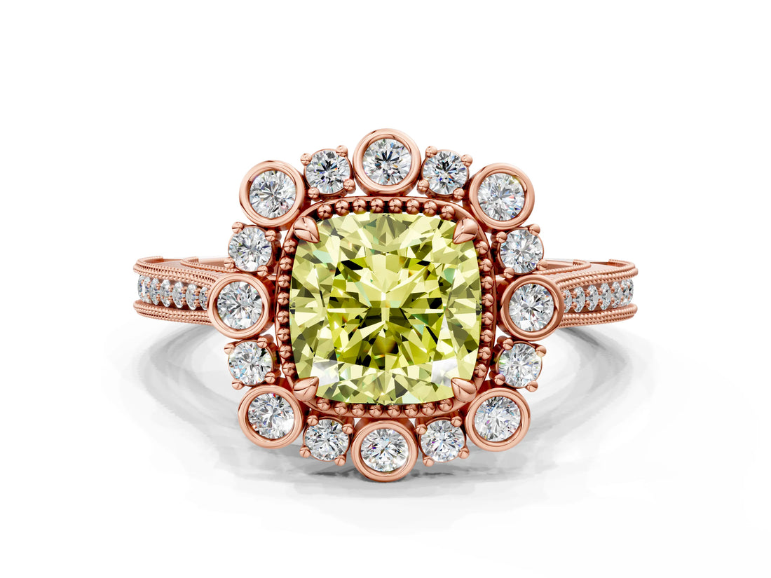 Rose gold Fancy Yellow Cushion  Halo Milgrain Pave Diamond Ring with Four-Prong Setting