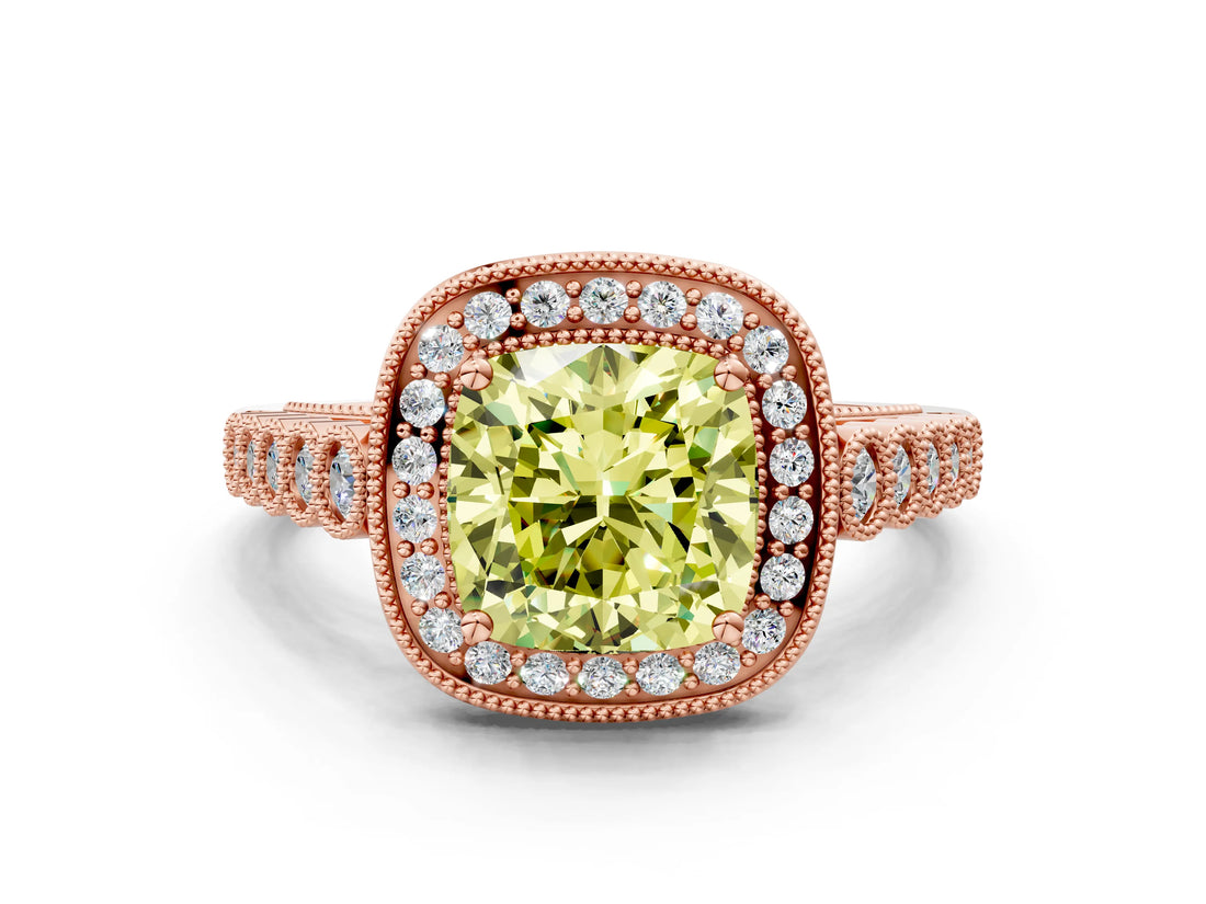 Rose gold Fancy Yellow Cushion  Halo Milgrain Solitaire with Bezel Set Side Stones and Pave Band_33