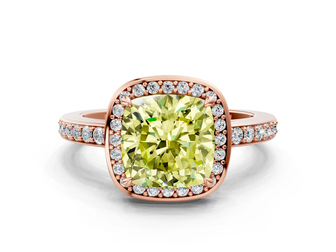 Rose gold Fancy Yellow Cushion  Halo Pave Band Solitaire Ring with Prong Setting_65