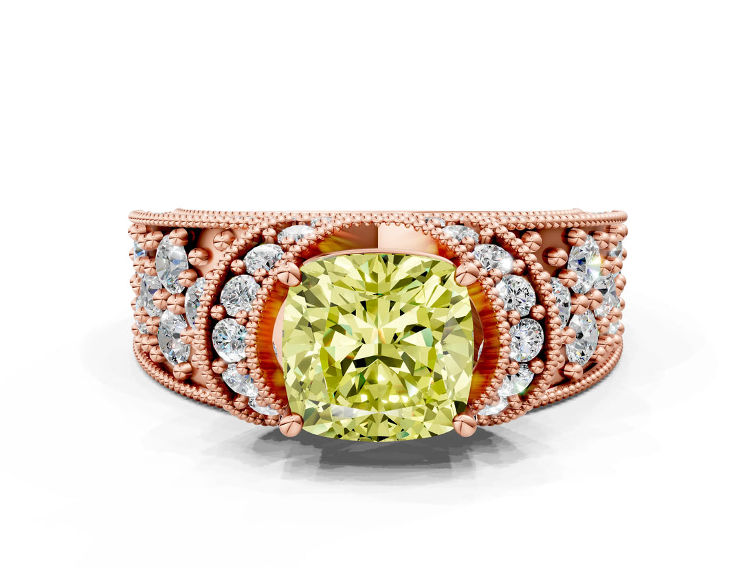 Rose gold Fancy Yellow Cushion  Halo Pave Diamond Engagement Ring with Milgrain Detailing_49