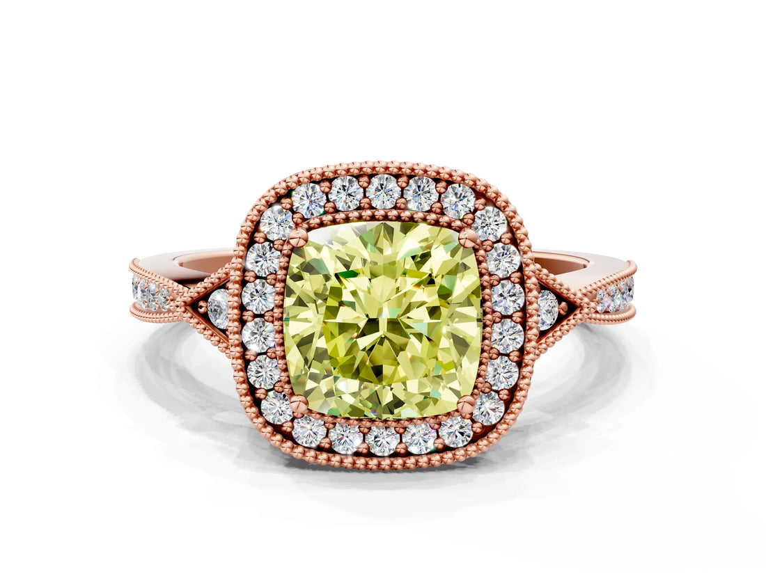 Rose gold Fancy Yellow Cushion  Halo Round Diamond Milgrain Pave Engagement Ring_3