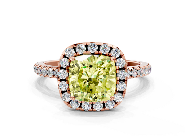 Rose gold Fancy Yellow Cushion  Halo Round Diamond Pavé Band Four-Prong Ring