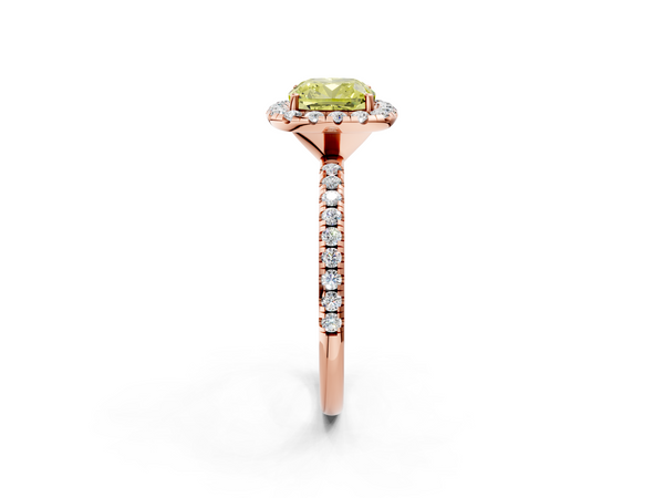 Rose gold Fancy Yellow Cushion  Halo Round Diamond Pavé Band Four-Prong Ring