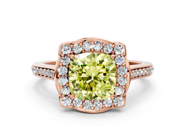 Rose gold Fancy Yellow Cushion  Halo Round Diamond Pave Band with Four-Prong Setting