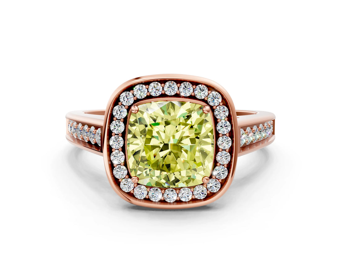 Rose gold Fancy Yellow Cushion  Halo Solitaire Diamond Ring with Pave Band and Bezel Setting_49