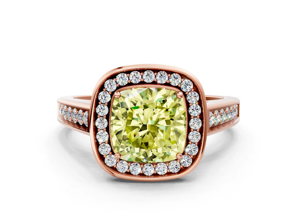 Rose gold Fancy Yellow Cushion  Halo Solitaire Diamond Ring with Pave Band and Bezel Setting