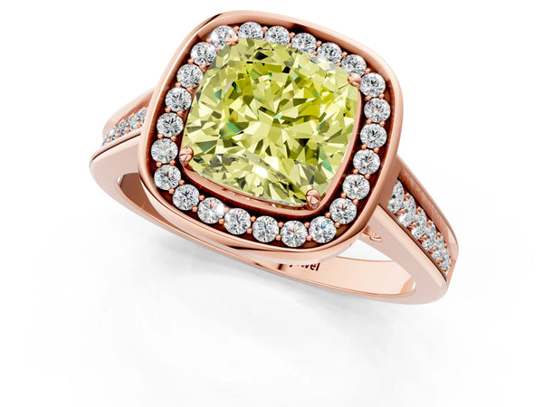 Rose gold Fancy Yellow Cushion  Halo Solitaire Diamond Ring with Pave Band and Bezel Setting