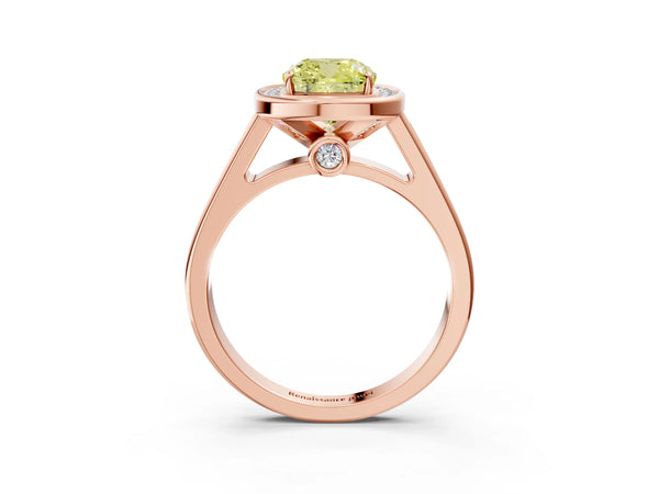 Rose gold Fancy Yellow Cushion  Halo Solitaire Diamond Ring with Pave Band and Bezel Setting