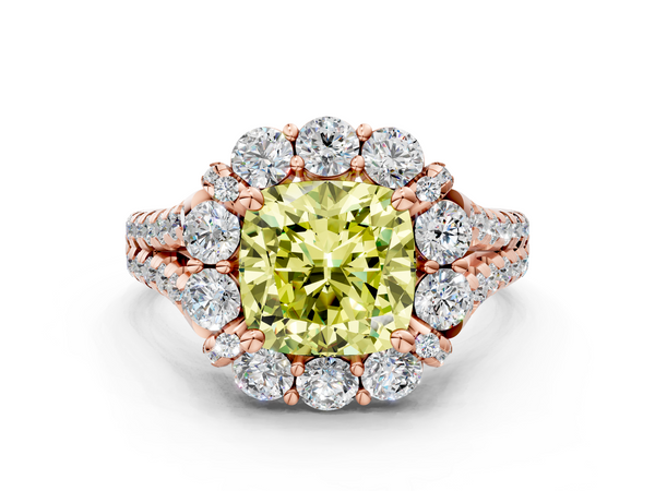 Rose gold Fancy Yellow Cushion  Halo Split Shank Diamond Engagement Ring with Pave Band and Four-Prong Setting