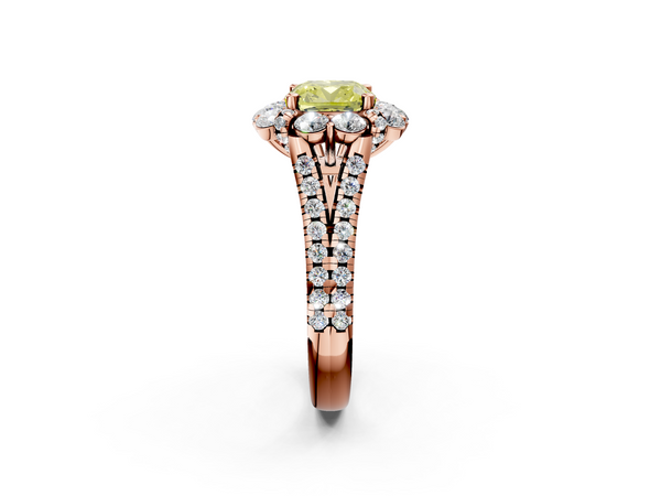 Rose gold Fancy Yellow Cushion  Halo Split Shank Diamond Engagement Ring with Pave Band and Four-Prong Setting