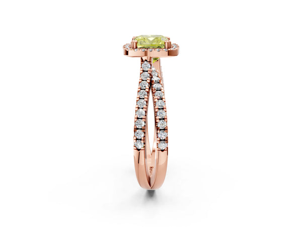 Rose gold Fancy Yellow Cushion  Halo Split Shank Diamond Ring with Pavé Setting