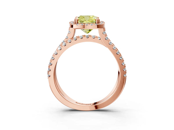 Rose gold Fancy Yellow Cushion  Halo Split Shank Diamond Ring with Pavé Setting