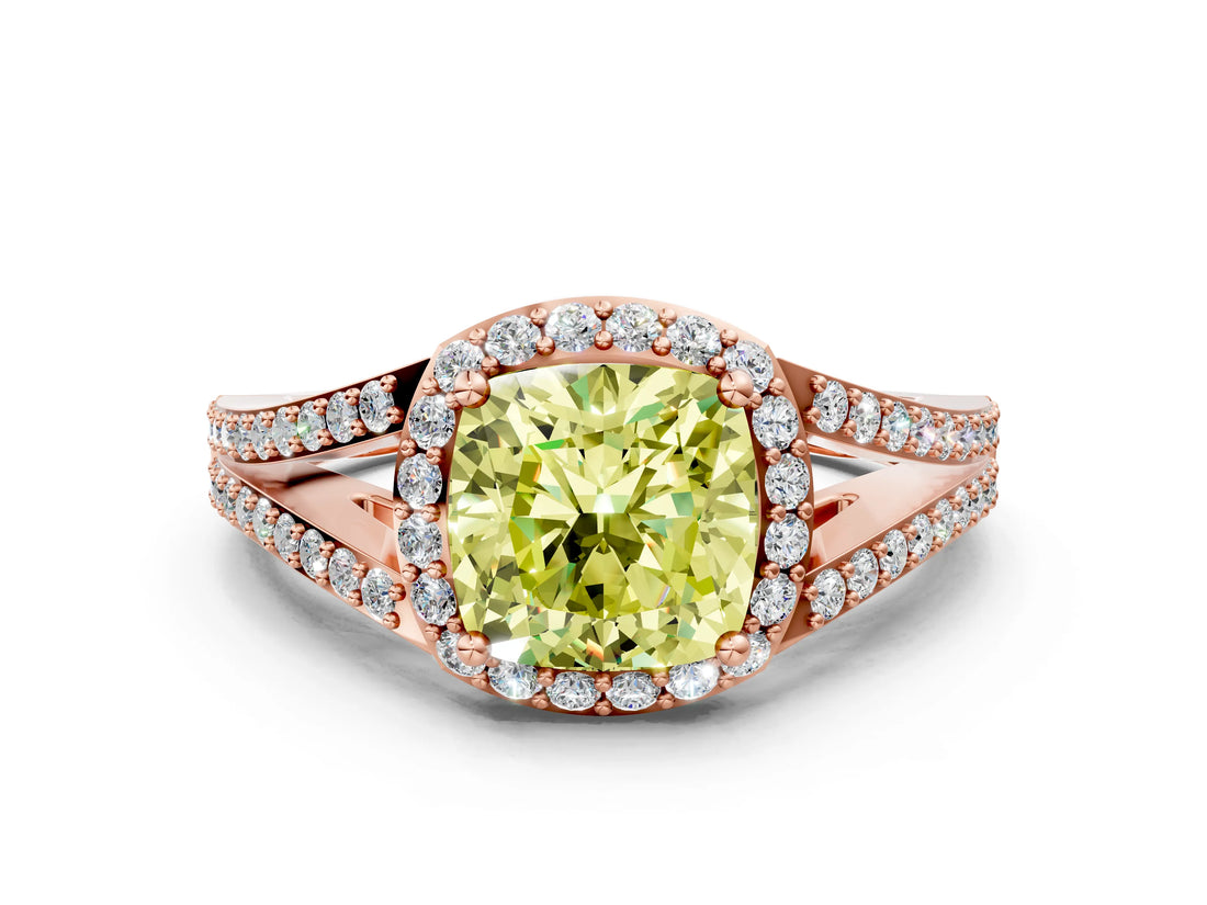 Rose gold Fancy Yellow Cushion  Halo Split Shank Pave Diamond Ring with Four-Prong Setting_48