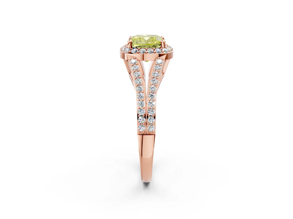 Rose Gold Cushion Cut Halo Engagement Ring Setting for Fancy Yellow Center with V-Split Pave Band