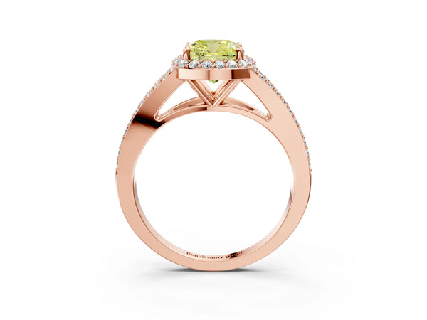 Rose Gold Cushion Cut Halo Engagement Ring Setting for Fancy Yellow Center with V-Split Pave Band
