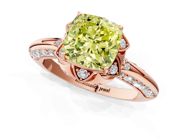 Rose gold Fancy Yellow Cushion  Halo Split Shank Pave Diamond Ring with Petal Prong Setting