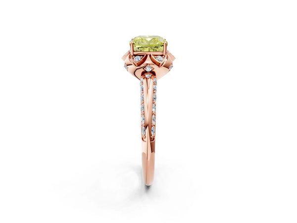 Rose gold Fancy Yellow Cushion  Halo Split Shank Pave Diamond Ring with Petal Prong Setting