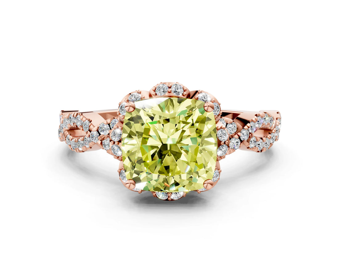 Rose gold Fancy Yellow Cushion  Halo Twist Band Solitaire Ring with Six-Prong Setting_33