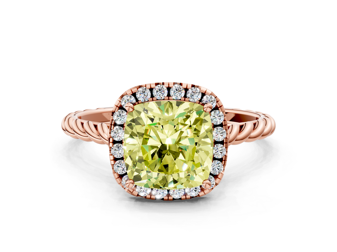 Rose gold Fancy Yellow Cushion  Halo Twisted Band Four-Prong Diamond Ring_20