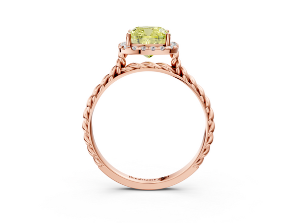 Rose gold Fancy Yellow Cushion  Halo Twisted Band Four-Prong Diamond Ring