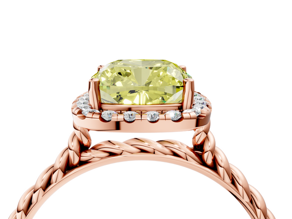 Rose gold Fancy Yellow Cushion  Halo Twisted Band Four-Prong Diamond Ring