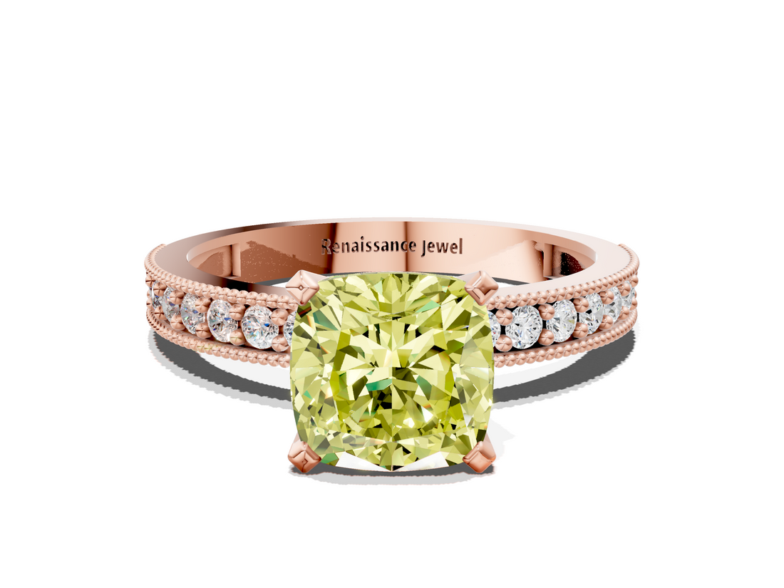 Rose gold Fancy Yellow Cushion  Milgrain Pave Diamond Engagement Ring with Four-Prong Setting_152
