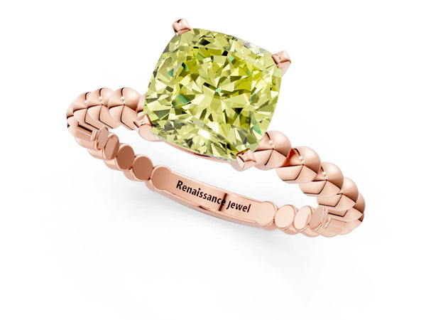 Rose gold Fancy Yellow Cushion Cut Diamond Solitaire Ring with Beaded Band and Prong Setting