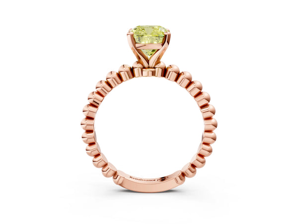 Rose gold Fancy Yellow Cushion Cut Diamond Solitaire Ring with Beaded Band and Prong Setting