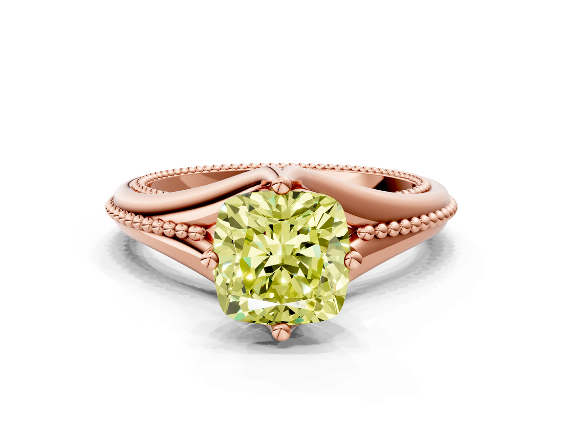 Rose gold Fancy Yellow Cushion  Solitaire Beaded Band Six-Prong Setting