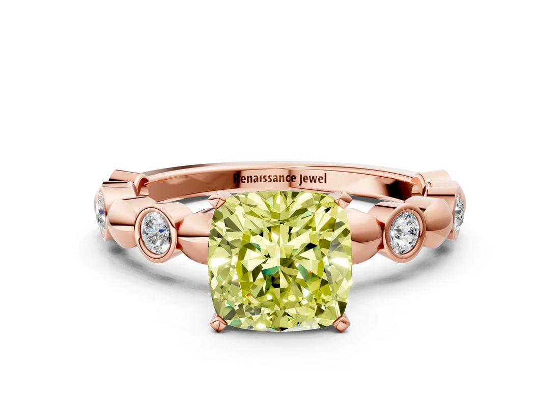Rose gold Fancy Yellow Cushion  Solitaire Bezel-Set Diamond Ring with Beaded Band and Four-Prong Setting_32