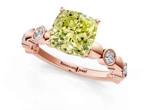 Rose gold Fancy Yellow Cushion  Solitaire Bezel-Set Diamond Ring with Beaded Band and Four-Prong Setting
