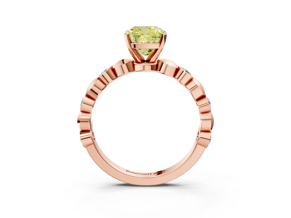 Rose gold Fancy Yellow Cushion  Solitaire Bezel-Set Diamond Ring with Beaded Band and Four-Prong Setting