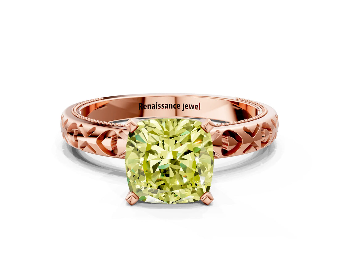 Rose gold Fancy Yellow Cushion  Solitaire Diamond Engagement Ring with XO Engraved Band and Four-Prong Setting 1
