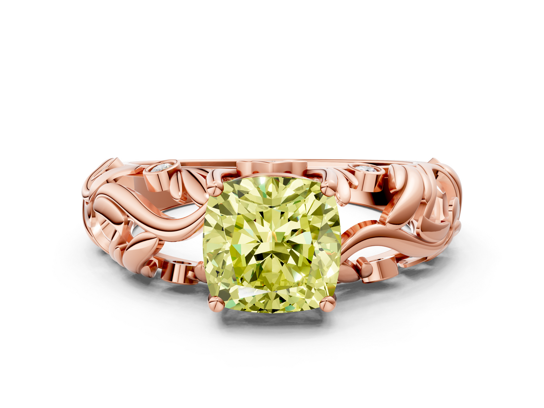 Rose gold Fancy Yellow Cushion  Solitaire Diamond Leaf Vine Band with Prong Setting_45