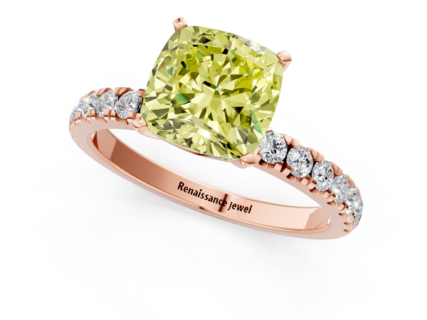 Rose gold Fancy Yellow Cushion Cut Diamond Solitaire Ring with Pavé Accents and Four-Prong Setting