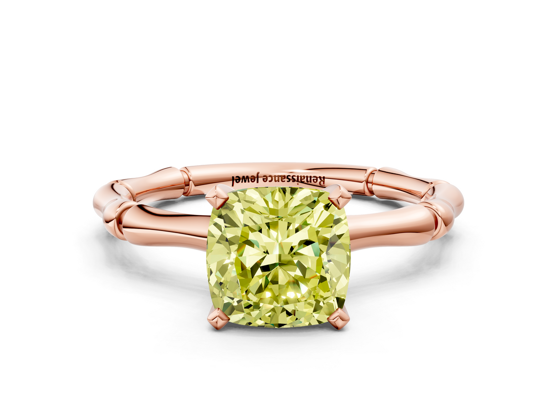Rose gold Fancy Yellow Cushion  Solitaire Diamond Ring with Bamboo Band and Four-Prong Setting_51