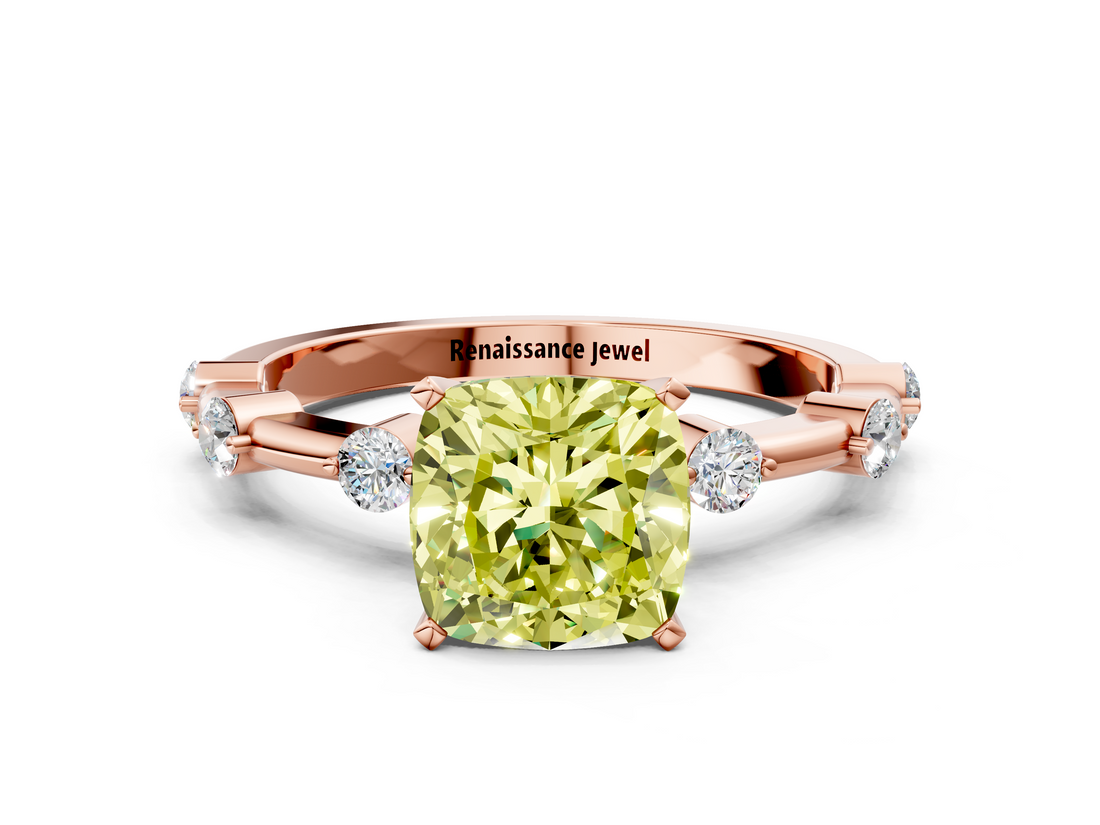 Rose gold Fancy Yellow Cushion  Solitaire Diamond Ring with Bezel Set Side Stones and Prong Setting_3