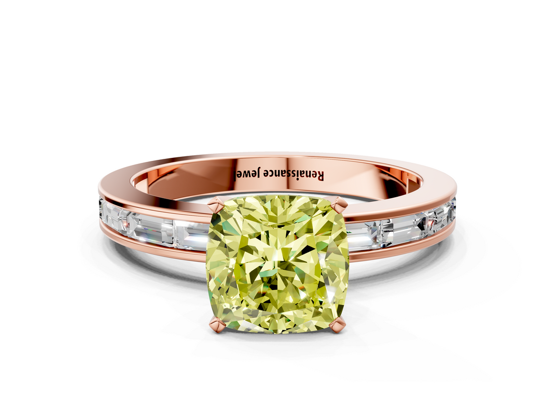 Rose gold Fancy Yellow Cushion  Solitaire Diamond Ring with Channel-Set Baguette Band and Four-Prong Setting_49
