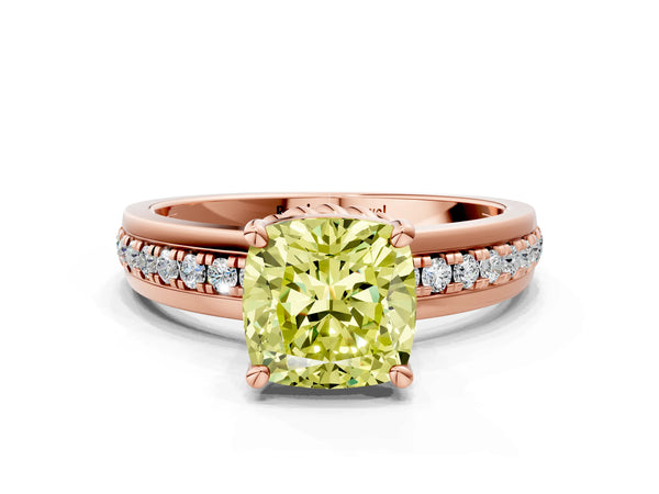 Rose gold Fancy Yellow Cushion  Solitaire Diamond Ring with Channel Set Band and Six-Prong Setting