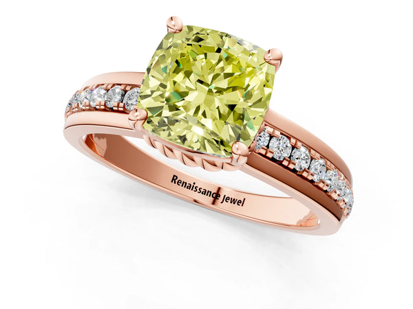 Rose gold Fancy Yellow Cushion  Solitaire Diamond Ring with Channel Set Band and Six-Prong Setting