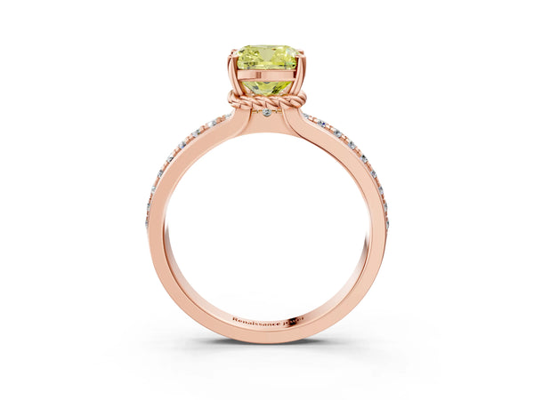 Rose gold Fancy Yellow Cushion  Solitaire Diamond Ring with Channel Set Band and Six-Prong Setting