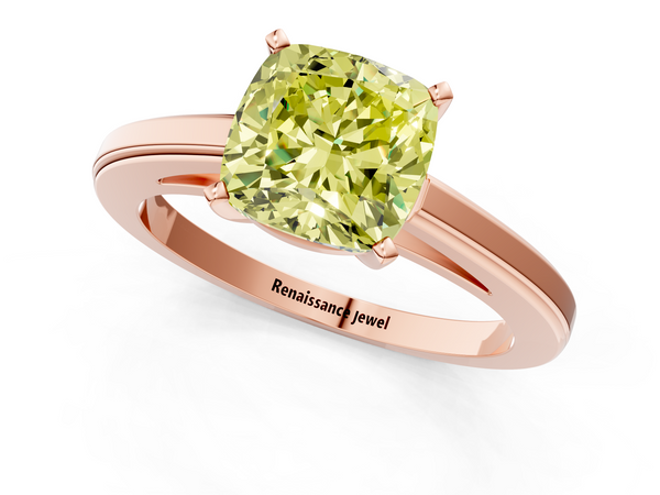 Rose gold Fancy Yellow Cushion  Solitaire Diamond Ring with Four-Prong Setting and Classic Band