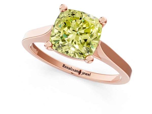 Rose gold Fancy Yellow Cushion  Solitaire Diamond Ring with Four-Prong Setting and Tapered Band