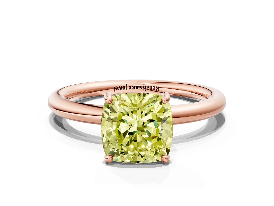 Rose gold Fancy Yellow Cushion  Solitaire Diamond Ring with Four-Prong Setting on a Plain Band_21