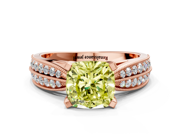 Rose gold Fancy Yellow Cushion  Solitaire Diamond Ring with Milgrain Pavé Band and Four-Prong Setting