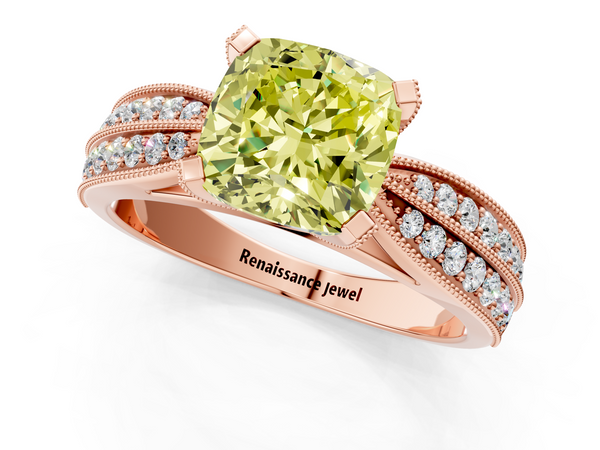 Rose gold Fancy Yellow Cushion  Solitaire Diamond Ring with Milgrain Pavé Band and Four-Prong Setting