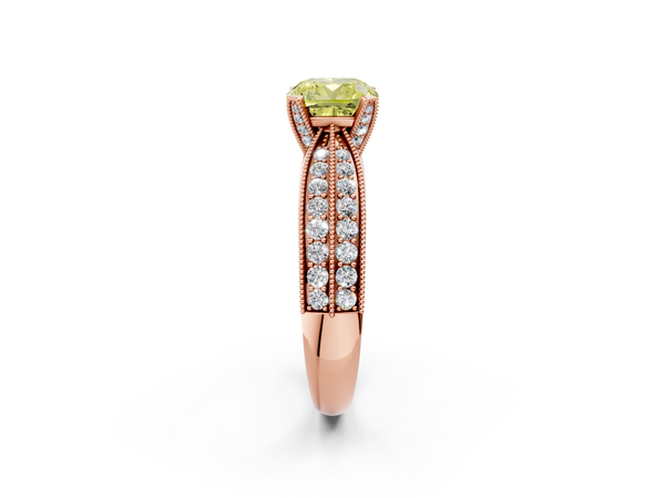 Rose gold Fancy Yellow Cushion  Solitaire Diamond Ring with Milgrain Pavé Band and Four-Prong Setting