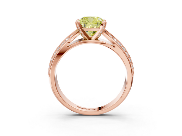 Rose gold Fancy Yellow Cushion  Solitaire Diamond Ring with Milgrain Pavé Band and Four-Prong Setting